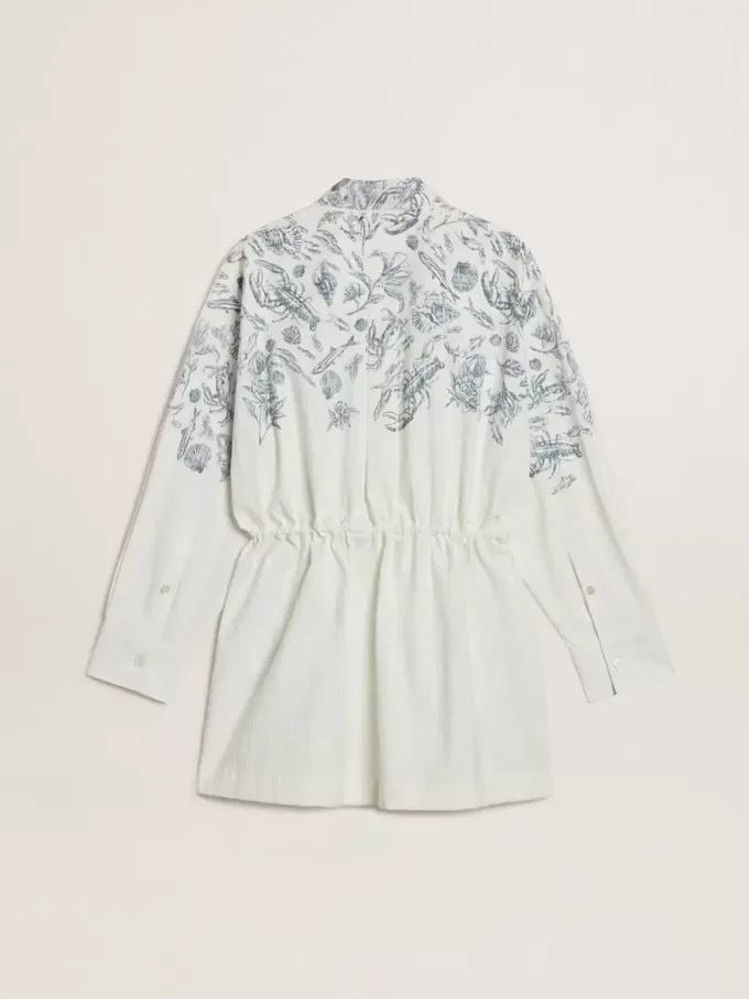 Kurzes Hemdkleid für Damen aus weiß gestreifter Baumwolle mit marineblauem Print