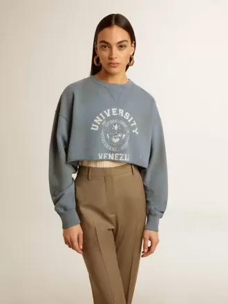 Kurzes Sweatshirt in Babyblau mit Used-Look