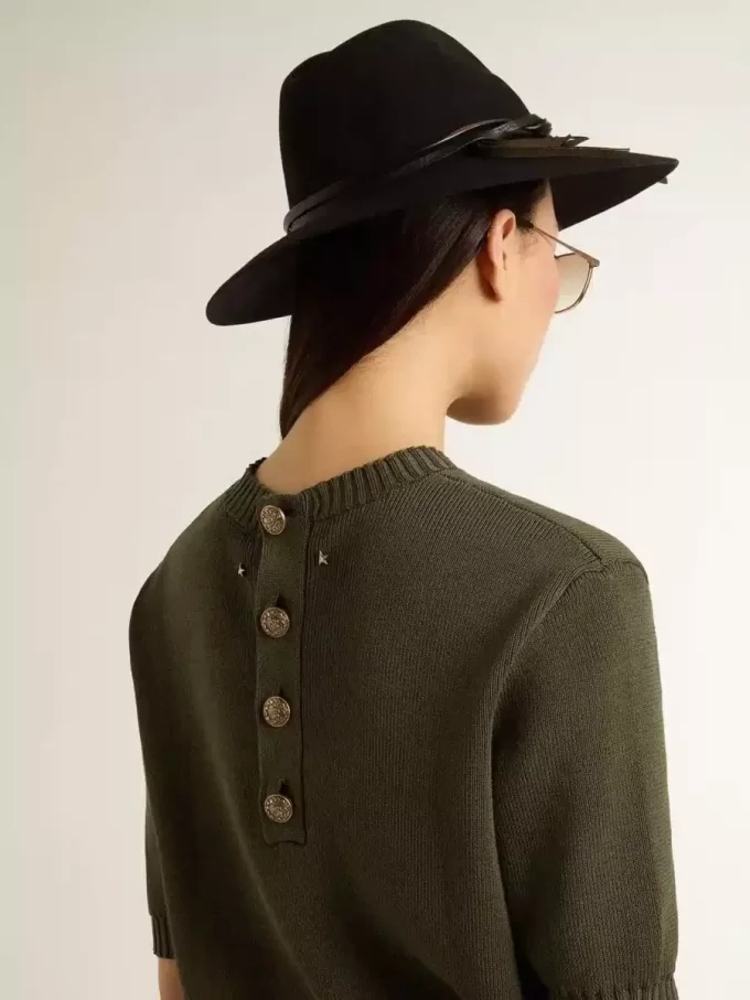Kurzärmeliger Damenpullover aus militärgrüner Baumwolle