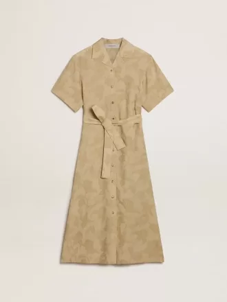 Kurzärmeliges Hemdkleid für Damen aus beigem Jacquard mit Blumenmuster
