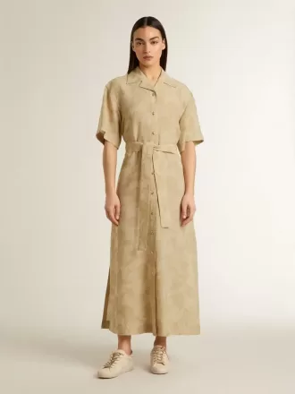 Kurzärmeliges Hemdkleid für Damen aus beigem Jacquard mit Blumenmuster