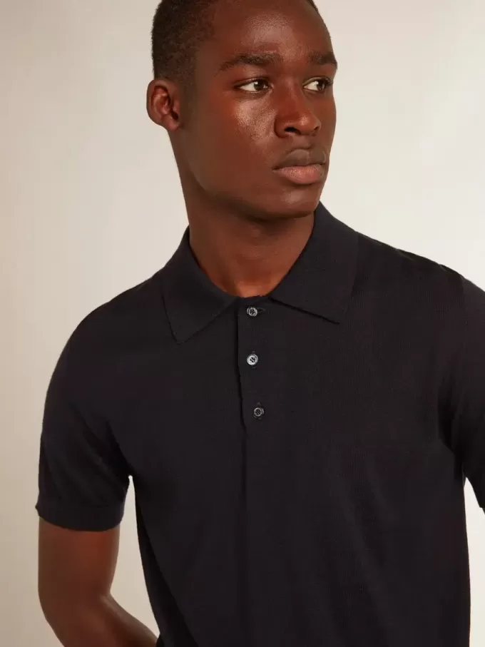 Kurzärmeliges Herren-Poloshirt aus marineblauer Merinowolle