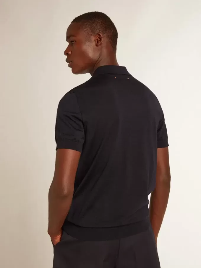 Kurzärmeliges Herren-Poloshirt aus marineblauer Merinowolle