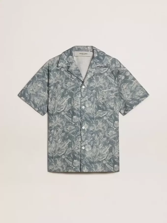 Kurzärmeliges Popeline-Hemd im Pyjama-Stil für Herren mit blau-weißem Marine-Print