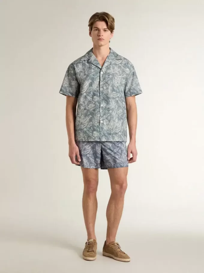 Kurzärmeliges Popeline-Hemd im Pyjama-Stil für Herren mit blau-weißem Marine-Print