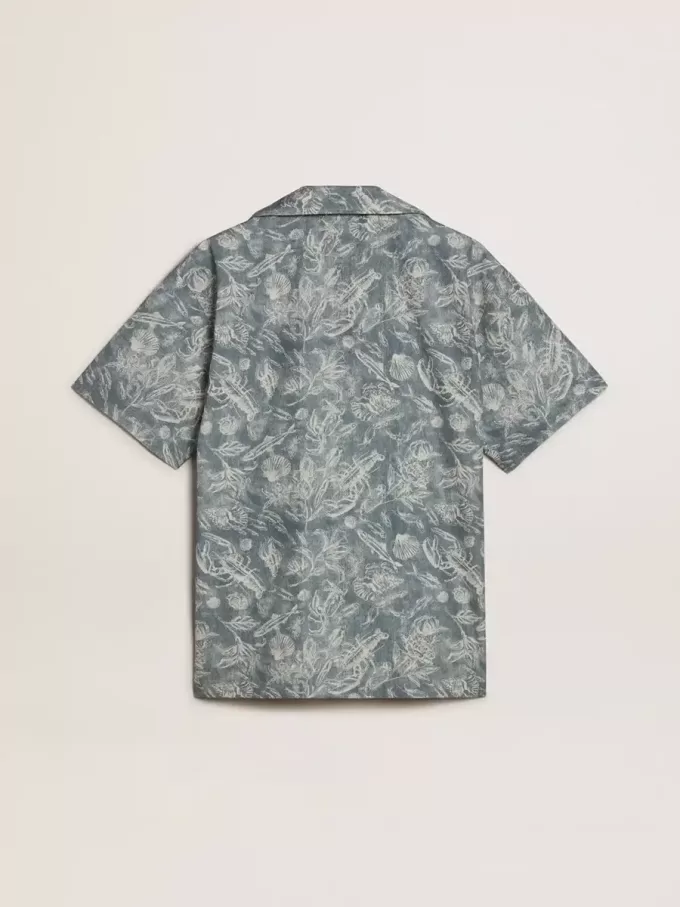 Kurzärmeliges Popeline-Hemd im Pyjama-Stil für Herren mit blau-weißem Marine-Print