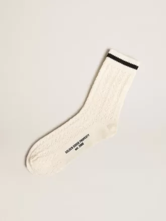 Lange gerippte Socken in Vintage-Weiß mit schwarzem Streifen