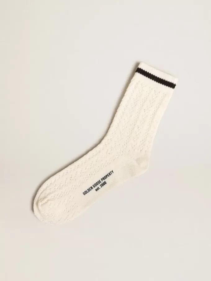 Lange gerippte Socken in Vintage-Weiß mit schwarzem Streifen