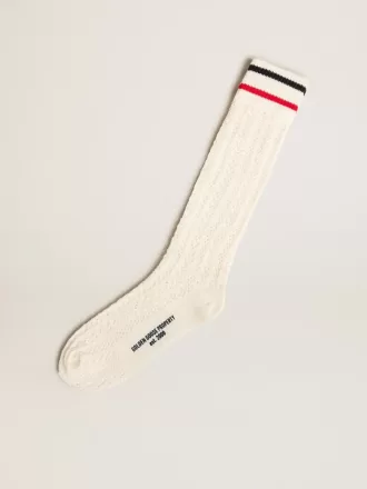 Lange gerippte Socken in Vintage-Weiß mit zweifarbigen Streifen