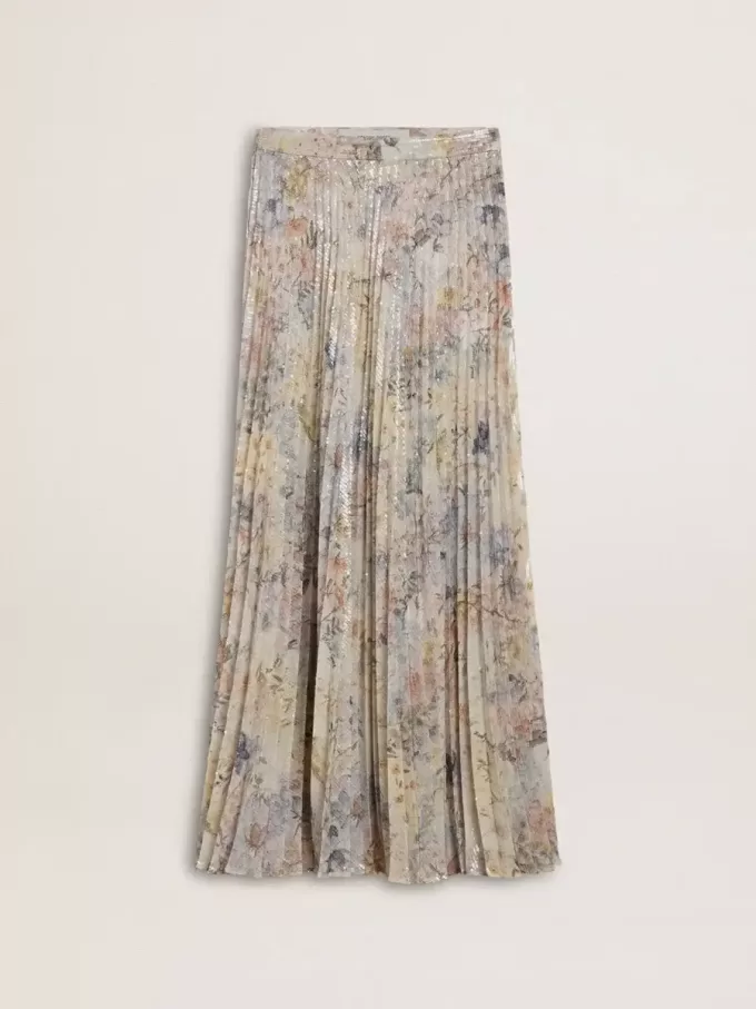 Langer Faltenrock für Damen mit mehrfarbigem Blumen-Paillettenprint