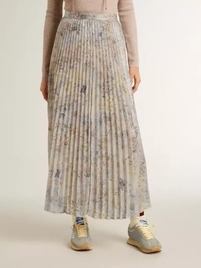 Langer Faltenrock für Damen mit mehrfarbigem Blumen-Paillettenprint