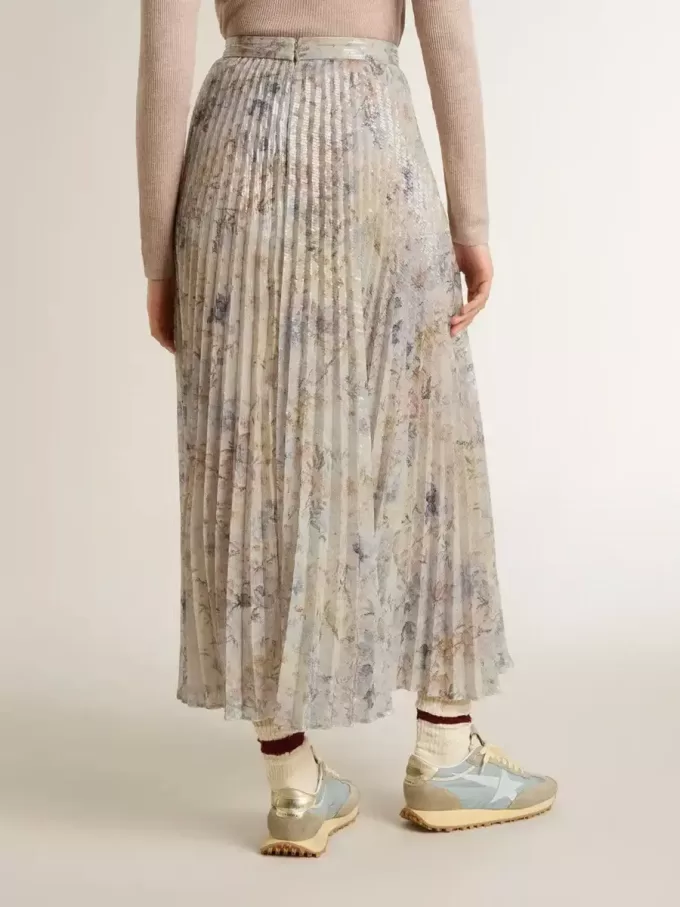 Langer Faltenrock für Damen mit mehrfarbigem Blumen-Paillettenprint