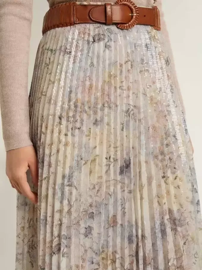 Langer Faltenrock für Damen mit mehrfarbigem Blumen-Paillettenprint