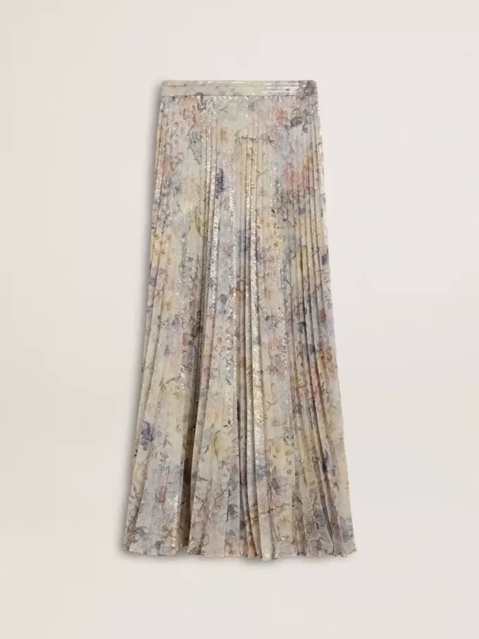 Langer Faltenrock für Damen mit mehrfarbigem Blumen-Paillettenprint