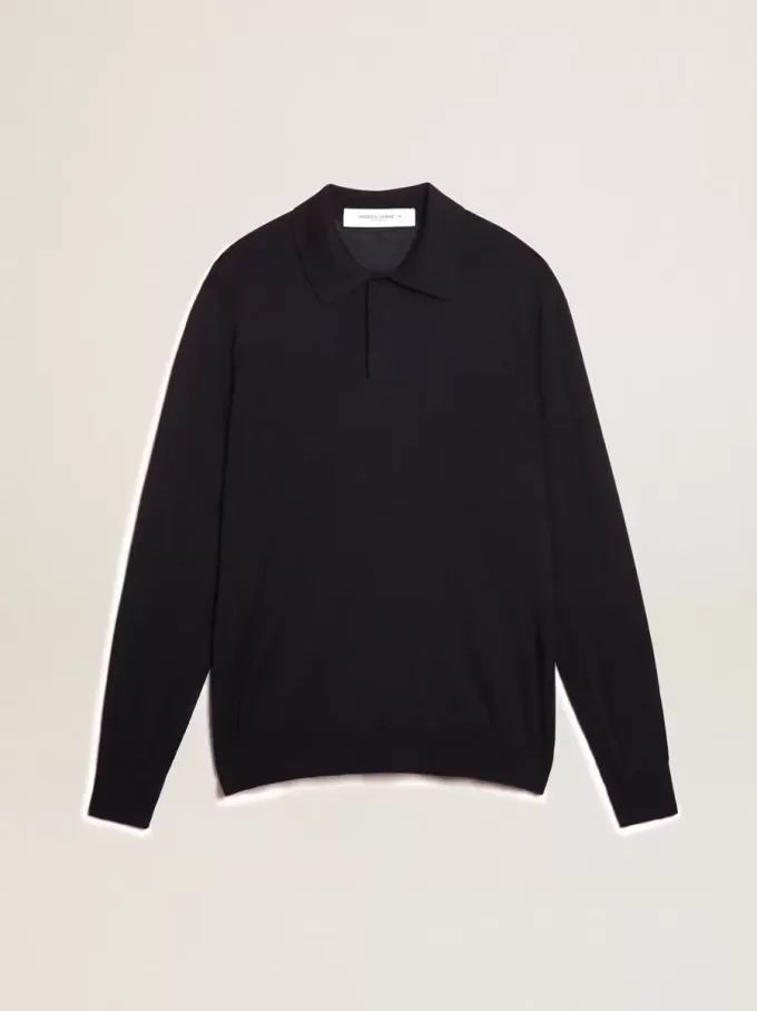 Langärmliges Herren-Poloshirt aus marineblauer Merinowolle