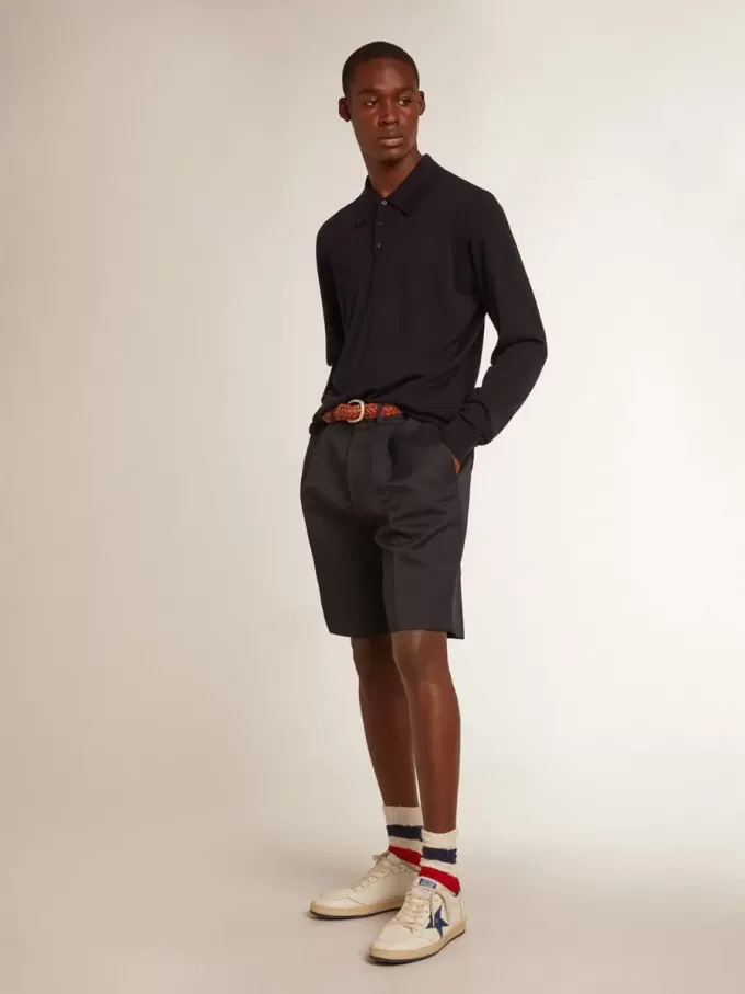 Langärmliges Herren-Poloshirt aus marineblauer Merinowolle
