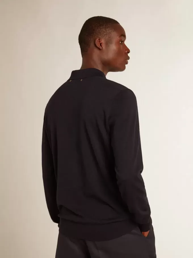 Langärmliges Herren-Poloshirt aus marineblauer Merinowolle