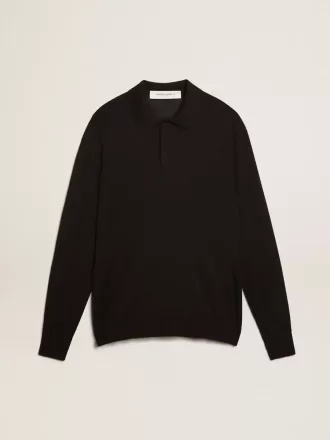 Langärmliges Herren-Poloshirt aus schwarzer Merinowolle