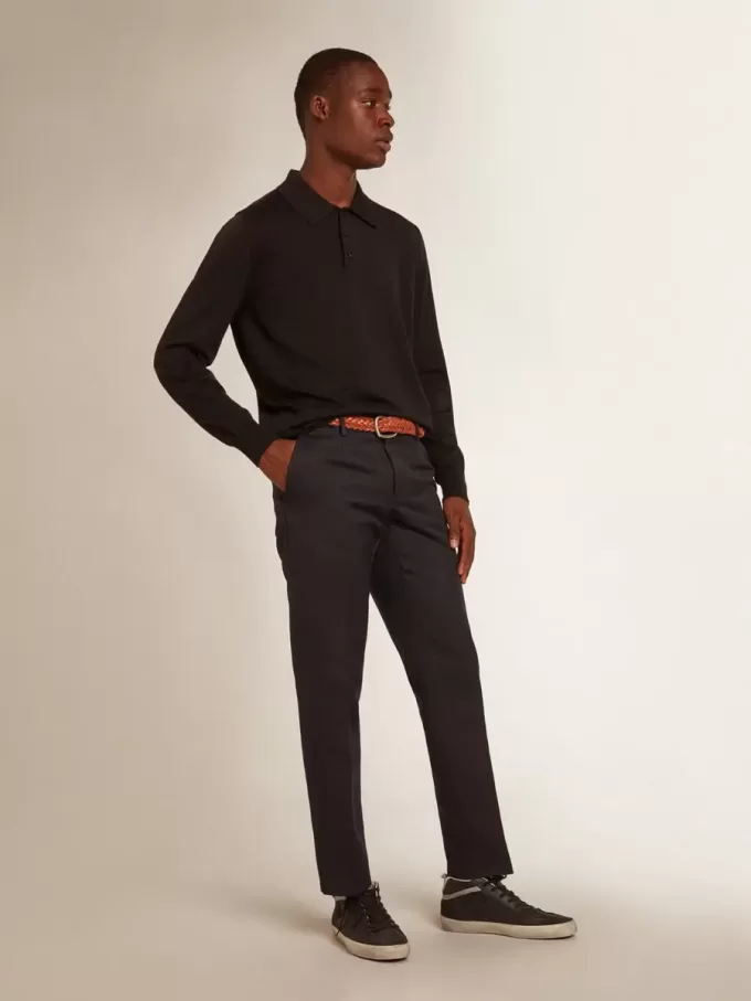 Langärmliges Herren-Poloshirt aus schwarzer Merinowolle
