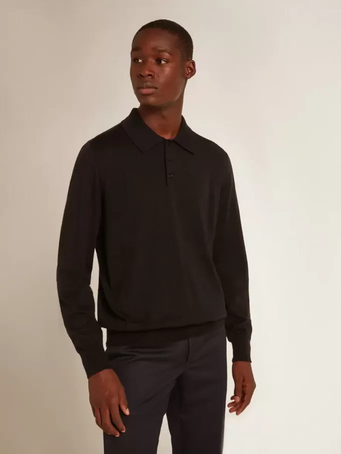 Langärmliges Herren-Poloshirt aus schwarzer Merinowolle