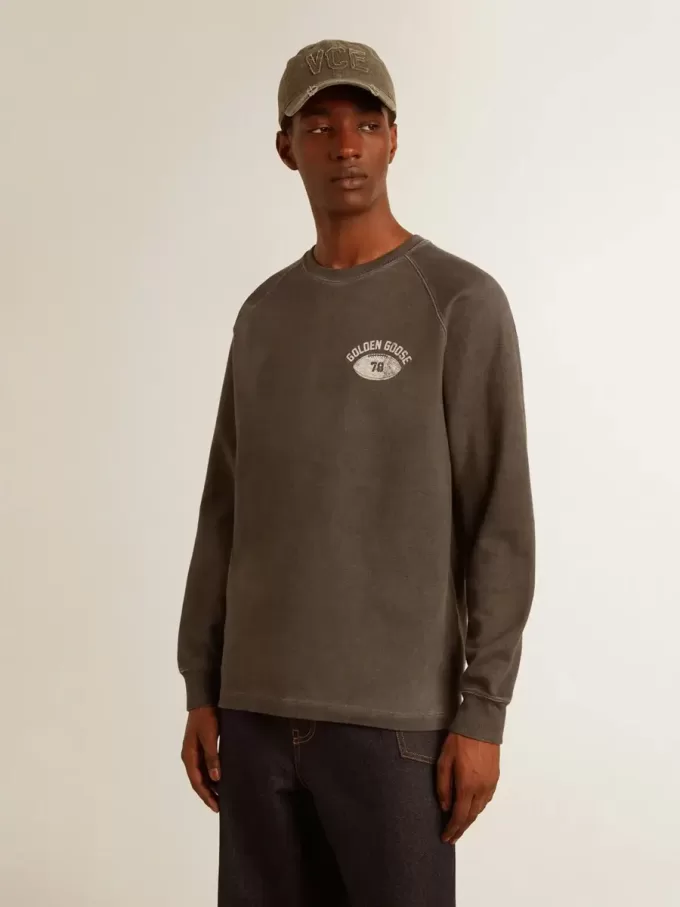 Langärmliges Herren-T-Shirt aus anthrazitgrauer Baumwolle mit Logo auf der Rückseite