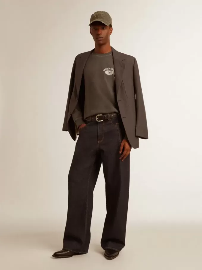 Langärmliges Herren-T-Shirt aus anthrazitgrauer Baumwolle mit Logo auf der Rückseite