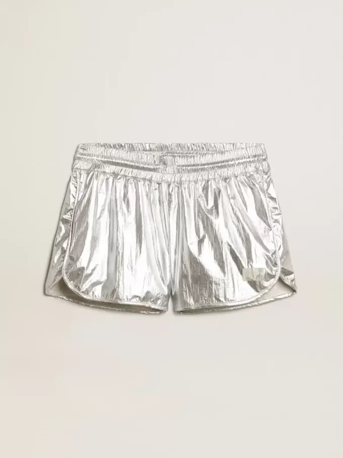Laufshorts für Damen aus silbernem Stoff Laufshorts für Damen aus silbernem Stoff