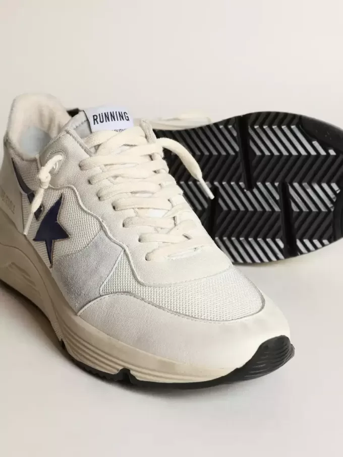 Laufsohle aus weißem Leder und Mesh mit blauem laminiertem Lederstern