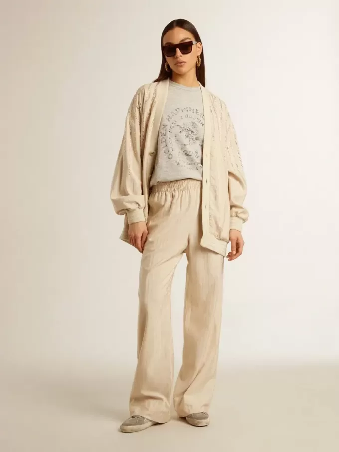 Leichte beige Jogginghose für Damen aus Seide und Viskose Leichte beige Jogginghose für Damen aus Seide und Viskose
