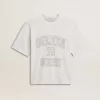 Leichtes weißes Leinen-T-Shirt für Damen mit Aufdruck Leichtes weißes Leinen-T-Shirt für Damen mit Aufdruck