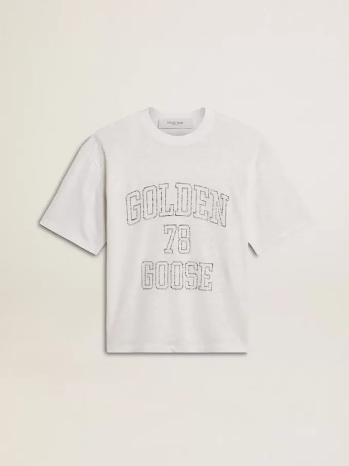 Leichtes weißes Leinen-T-Shirt für Damen mit Aufdruck Leichtes weißes Leinen-T-Shirt für Damen mit Aufdruck