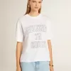 Leichtes weißes Leinen-T-Shirt für Damen mit Aufdruck Leichtes weißes Leinen-T-Shirt für Damen mit Aufdruck