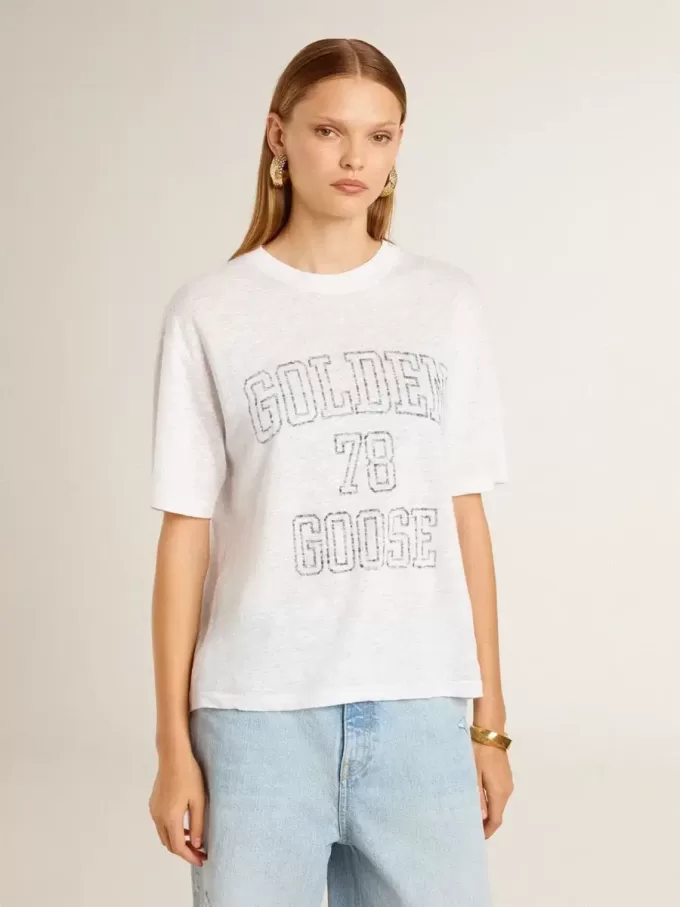 Leichtes weißes Leinen-T-Shirt für Damen mit Aufdruck Leichtes weißes Leinen-T-Shirt für Damen mit Aufdruck
