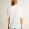 Leichtes weißes Leinen-T-Shirt für Damen mit Aufdruck Leichtes weißes Leinen-T-Shirt für Damen mit Aufdruck