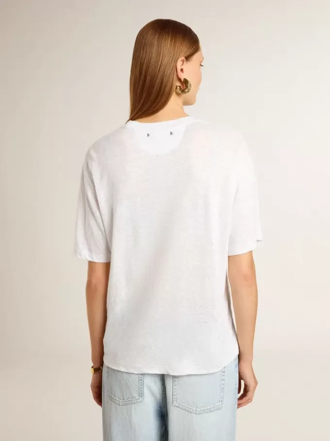 Leichtes weißes Leinen-T-Shirt für Damen mit Aufdruck Leichtes weißes Leinen-T-Shirt für Damen mit Aufdruck