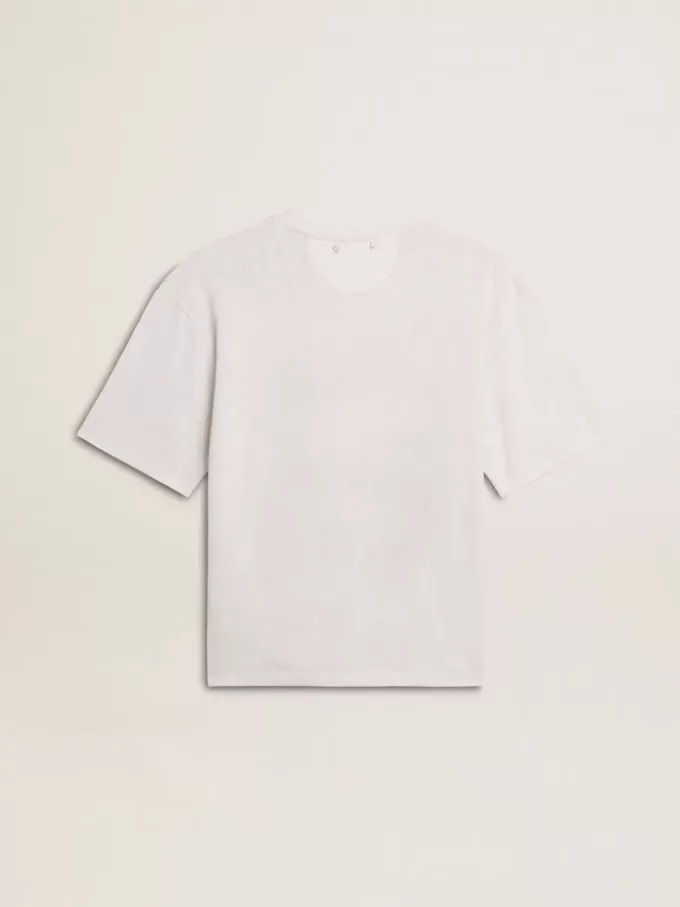 Leichtes weißes Leinen-T-Shirt für Damen mit Aufdruck Leichtes weißes Leinen-T-Shirt für Damen mit Aufdruck