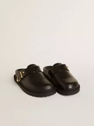 Lucy Sabot für Damen aus glänzendem schwarzem Leder mit goldener Metallschnalle