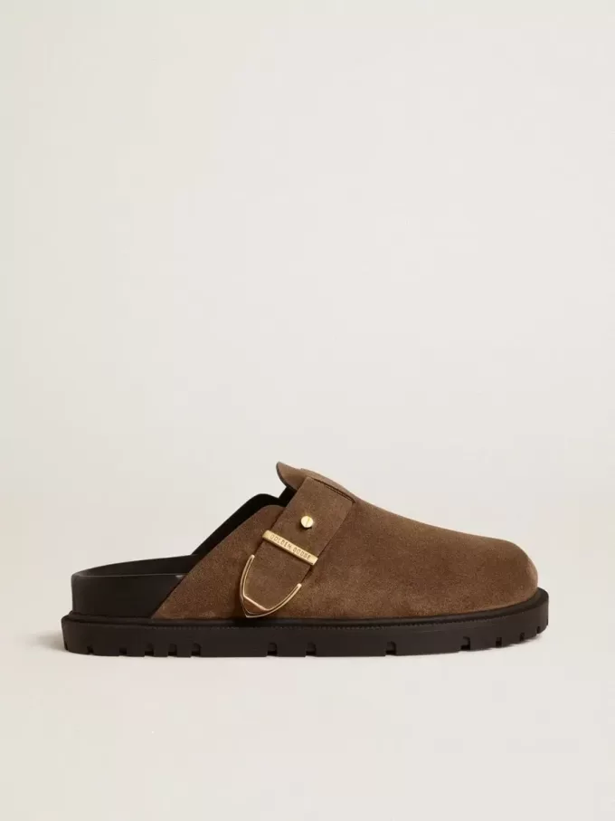 Lucy Sabot für Damen aus taubengrauem Wildleder mit goldener Metallschnalle