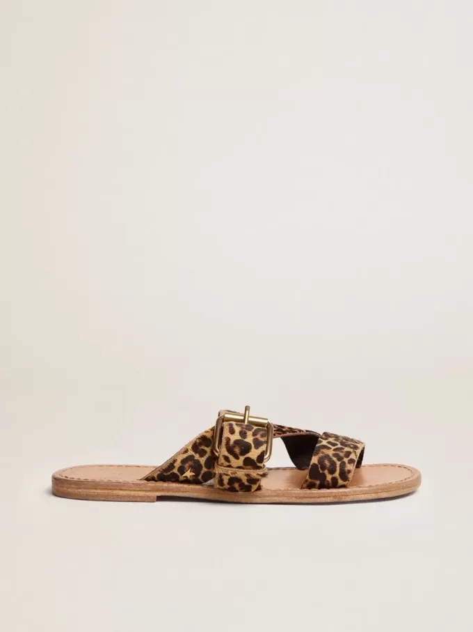 Margaret Flache Sandalen für Damen aus Ponyfell mit Leopardenmuster