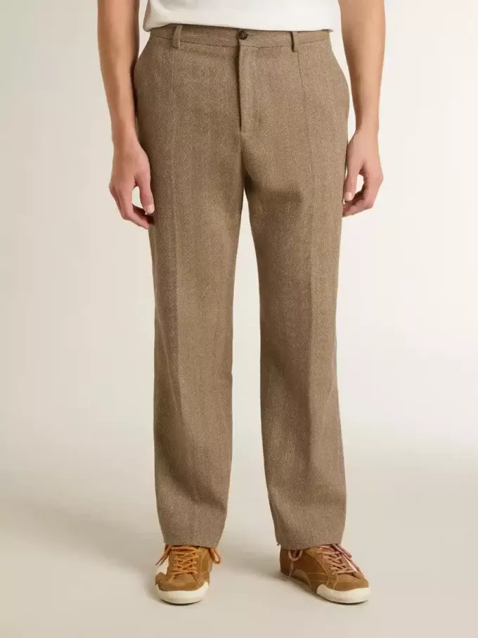 Maßgeschneiderte Hose aus sandfarbenem Chevron-Leinenmix
