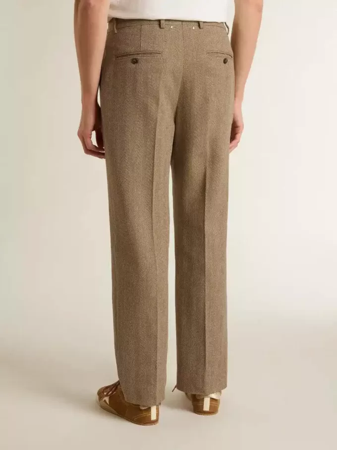 Maßgeschneiderte Hose aus sandfarbenem Chevron-Leinenmix