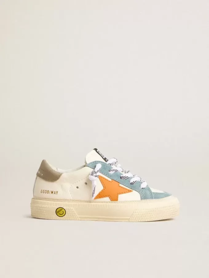 May Teen aus Nappaleder mit orangefarbenem Lederstern und blauen Wildledereinsätzen