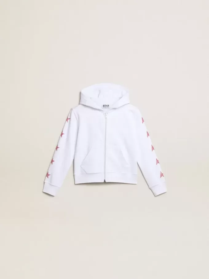Mädchen-Sweatshirt mit Reißverschluss in Weiß mit Glitzersternen auf den Ärmeln Mädchen-Sweatshirt mit Reißverschluss in Weiß mit Glitzersternen auf den Ärmeln