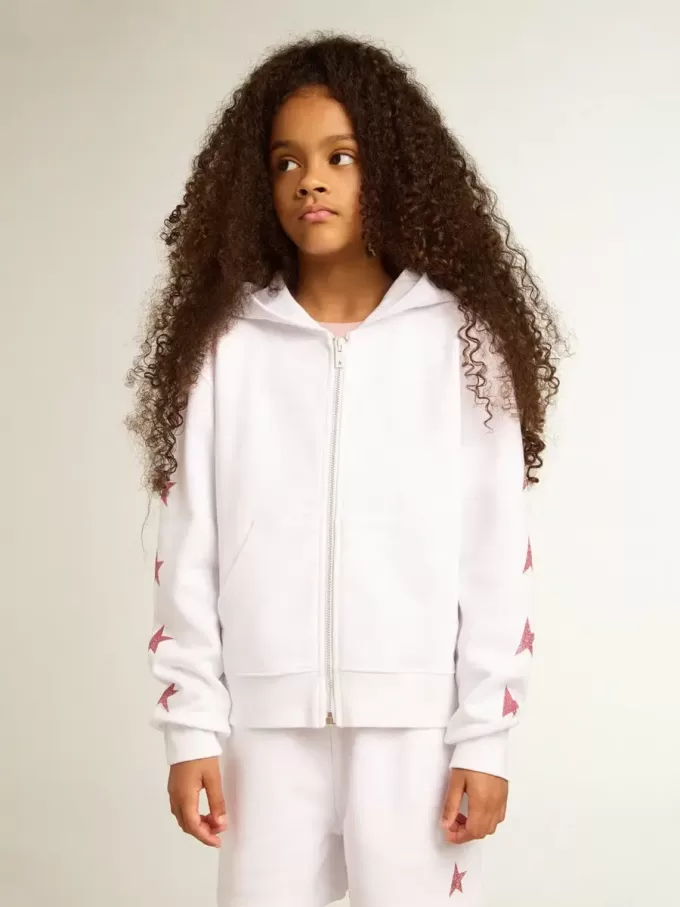 Mädchen-Sweatshirt mit Reißverschluss in Weiß mit Glitzersternen auf den Ärmeln Mädchen-Sweatshirt mit Reißverschluss in Weiß mit Glitzersternen auf den Ärmeln