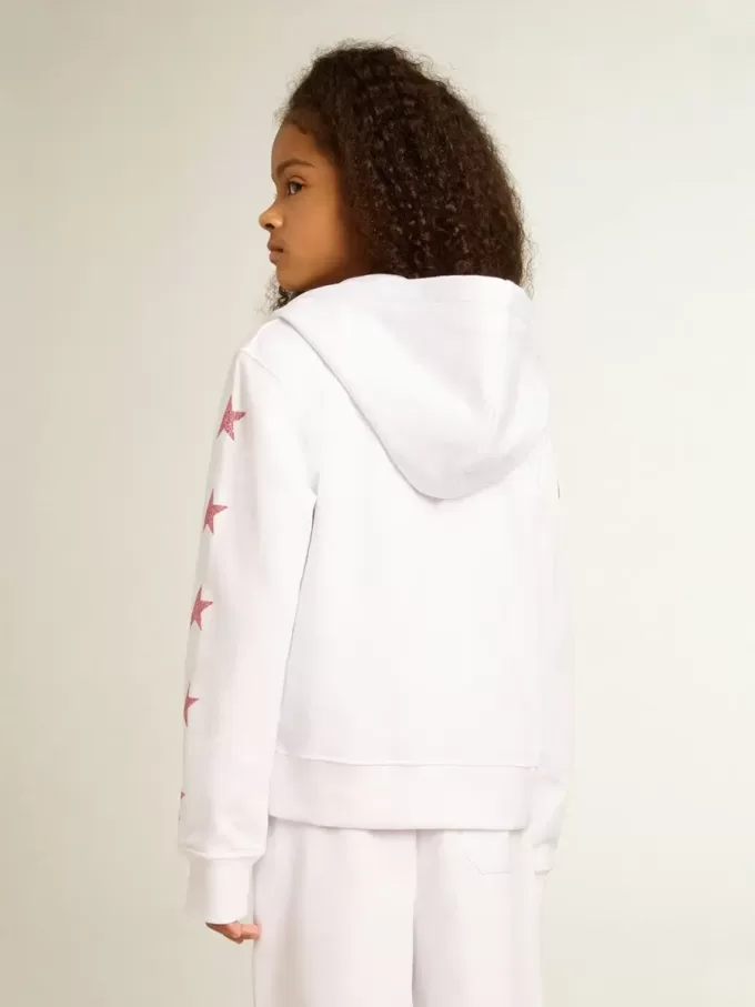 Mädchen-Sweatshirt mit Reißverschluss in Weiß mit Glitzersternen auf den Ärmeln Mädchen-Sweatshirt mit Reißverschluss in Weiß mit Glitzersternen auf den Ärmeln