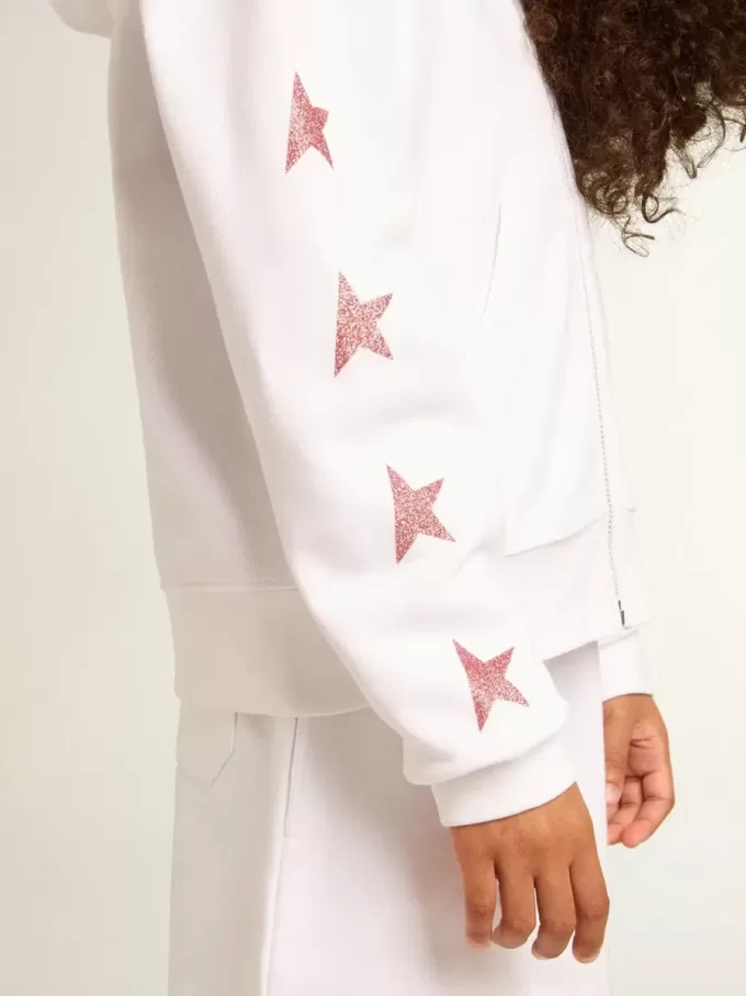 Mädchen-Sweatshirt mit Reißverschluss in Weiß mit Glitzersternen auf den Ärmeln Mädchen-Sweatshirt mit Reißverschluss in Weiß mit Glitzersternen auf den Ärmeln
