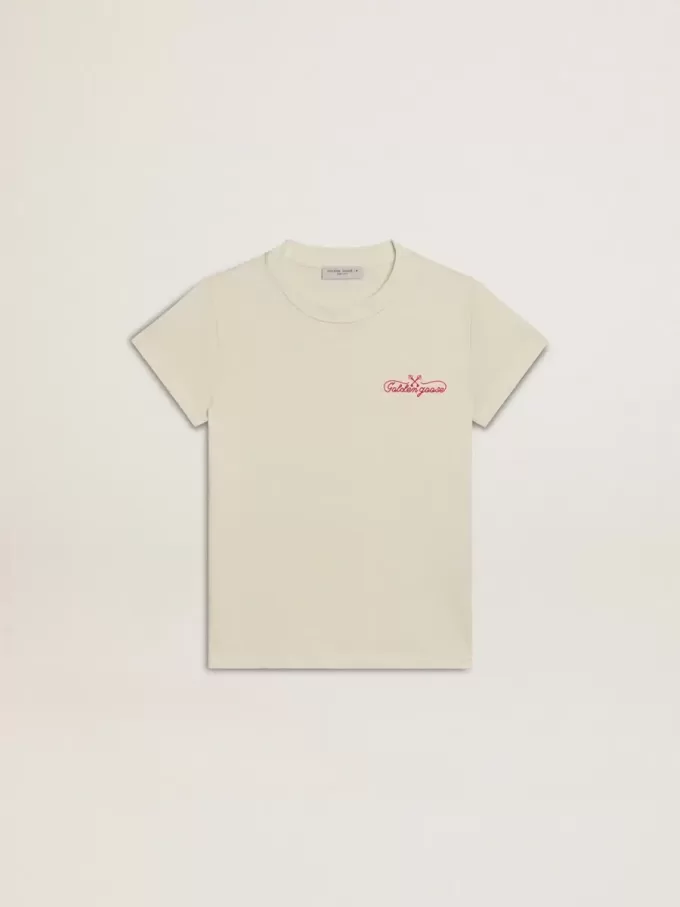 Mädchen-T-Shirt aus Baumwolle in Used-Weiß mit roter Stickerei auf der Brust
