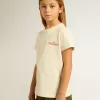 Mädchen-T-Shirt aus Baumwolle in Used-Weiß mit roter Stickerei auf der Brust