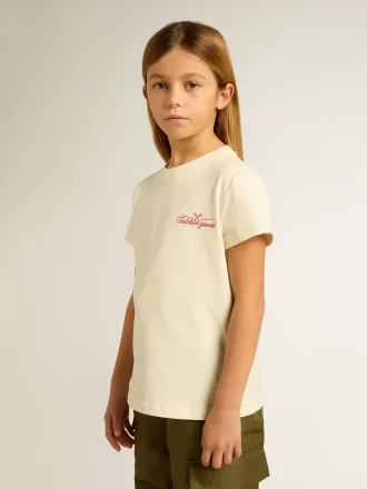 Mädchen-T-Shirt aus Baumwolle in Used-Weiß mit roter Stickerei auf der Brust