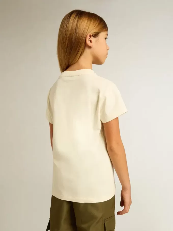 Mädchen-T-Shirt aus Baumwolle in Used-Weiß mit roter Stickerei auf der Brust